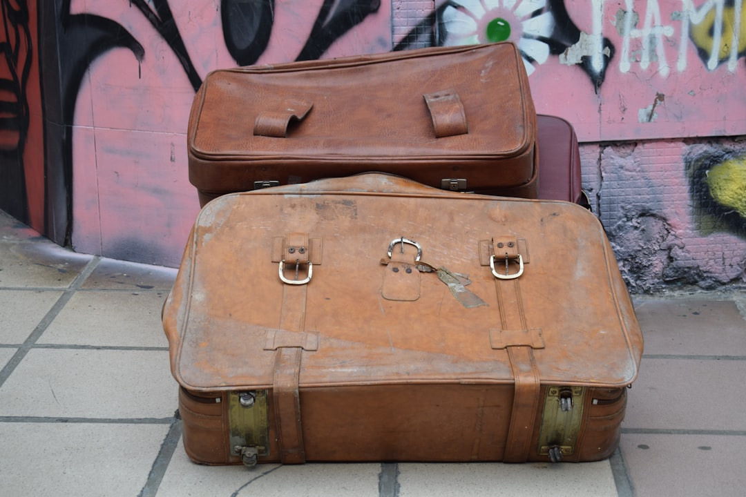 Two suitcases sitting on the ground in front of a wall with graffiti