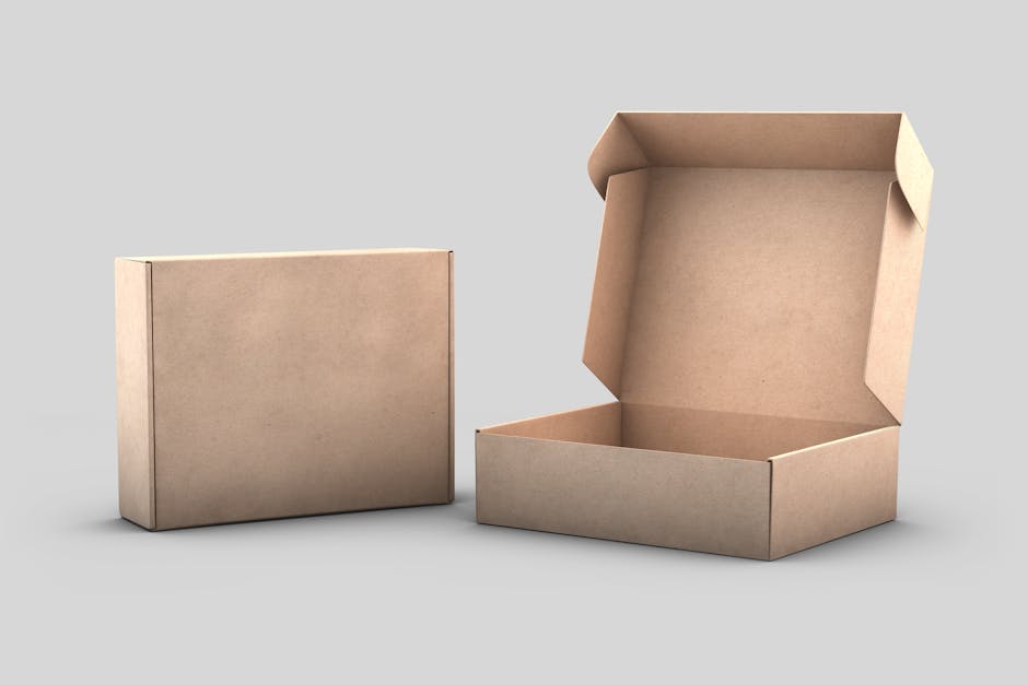 Two cardboard boxes, one closed and one open, on a white background for packaging concepts.