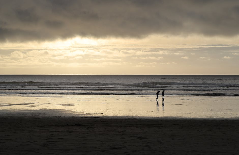 couple walking on beach at sunset